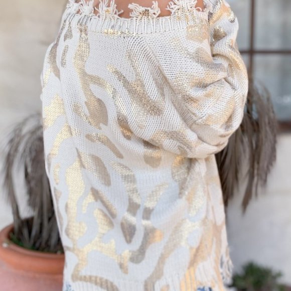 NWT Amoli Animal Print Ribbed Trim Distressed Sweater - Picture 5 of 6